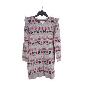 Crown & Ivy Kids Girls Grey Sweater Dress With Bow & Heart Pattern Size 5 G-7-20